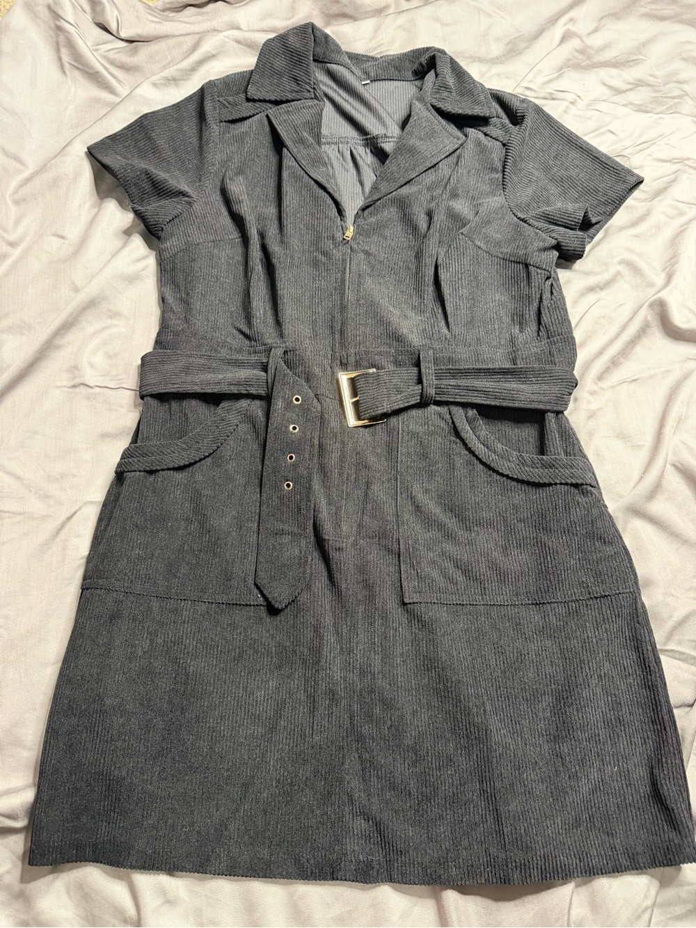 Short-Sleeve Belted Mini Dress in Black
